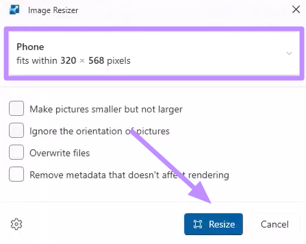 choose dimensions and resize