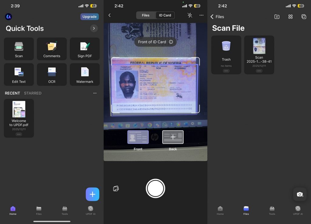 updf ios card scanner feature