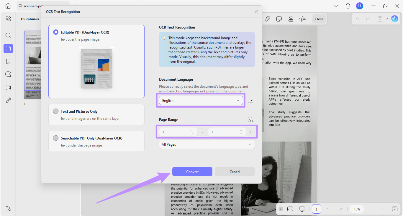 select the ocr langage and page range