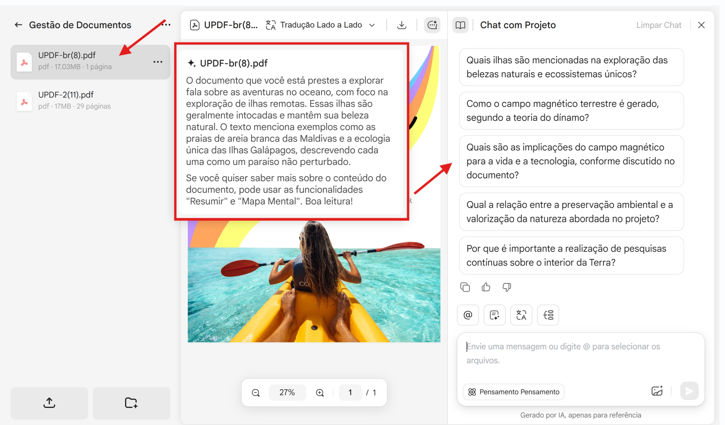 A ferramenta Chat com PDF/Projeto no UPDF permite conversar com seus arquivos como se estivesse em um bate-papo. 