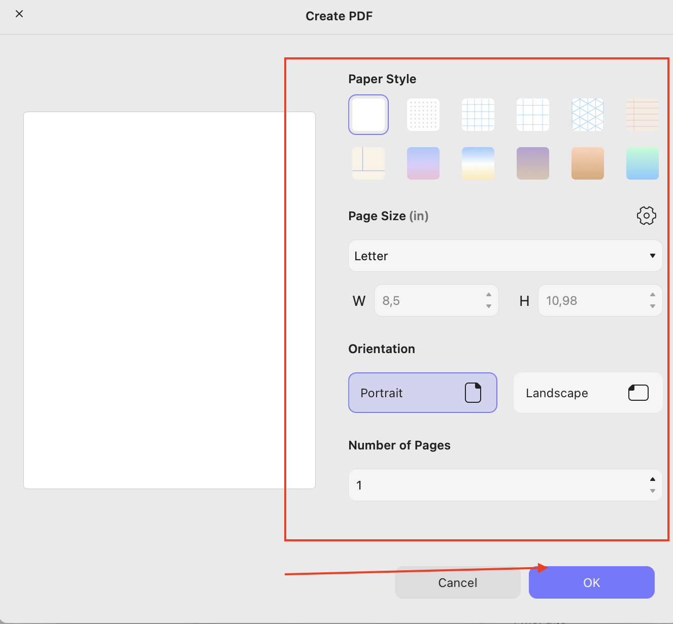 choose page settings and create