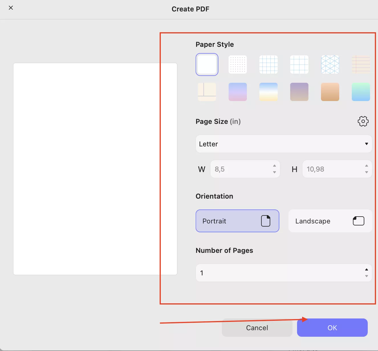 choose page settings and create