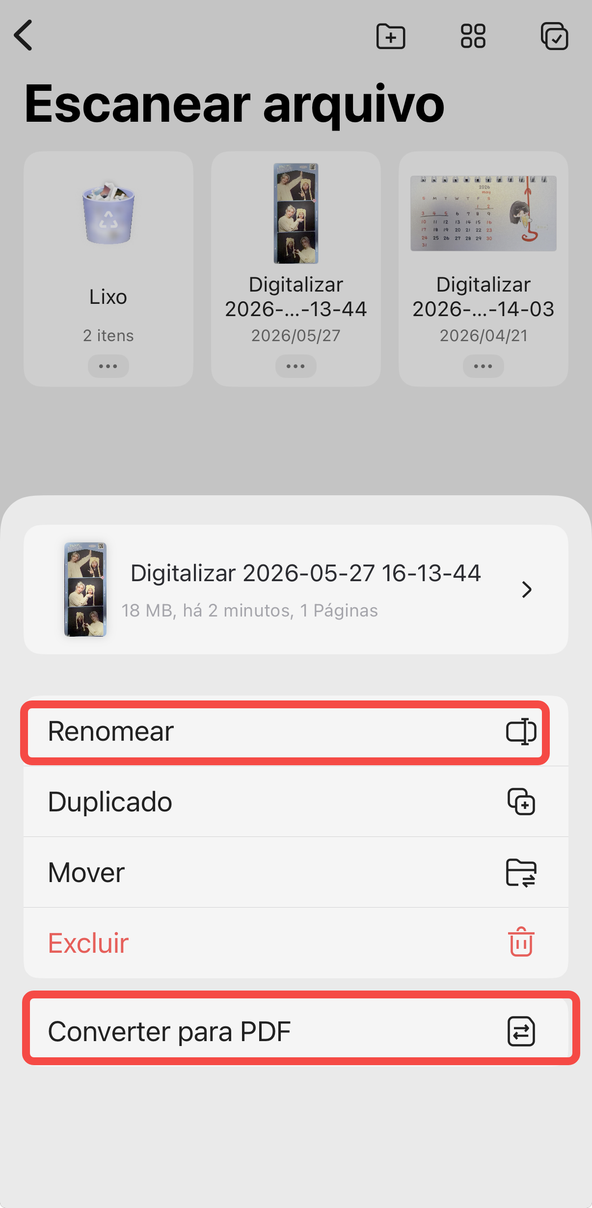clique em “Renomear” ou “Converter para PDF”