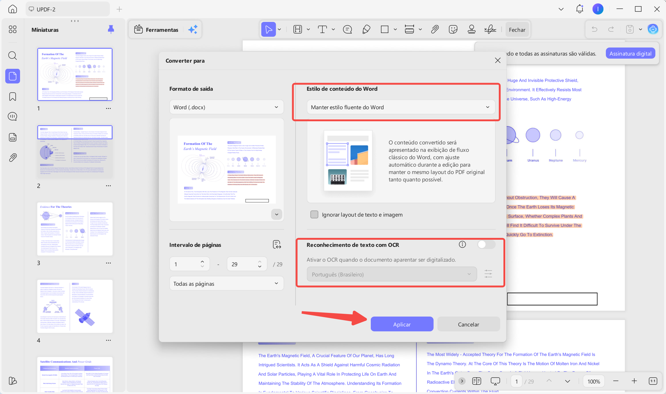 Selecionar idiomas, ativar OCR e converter