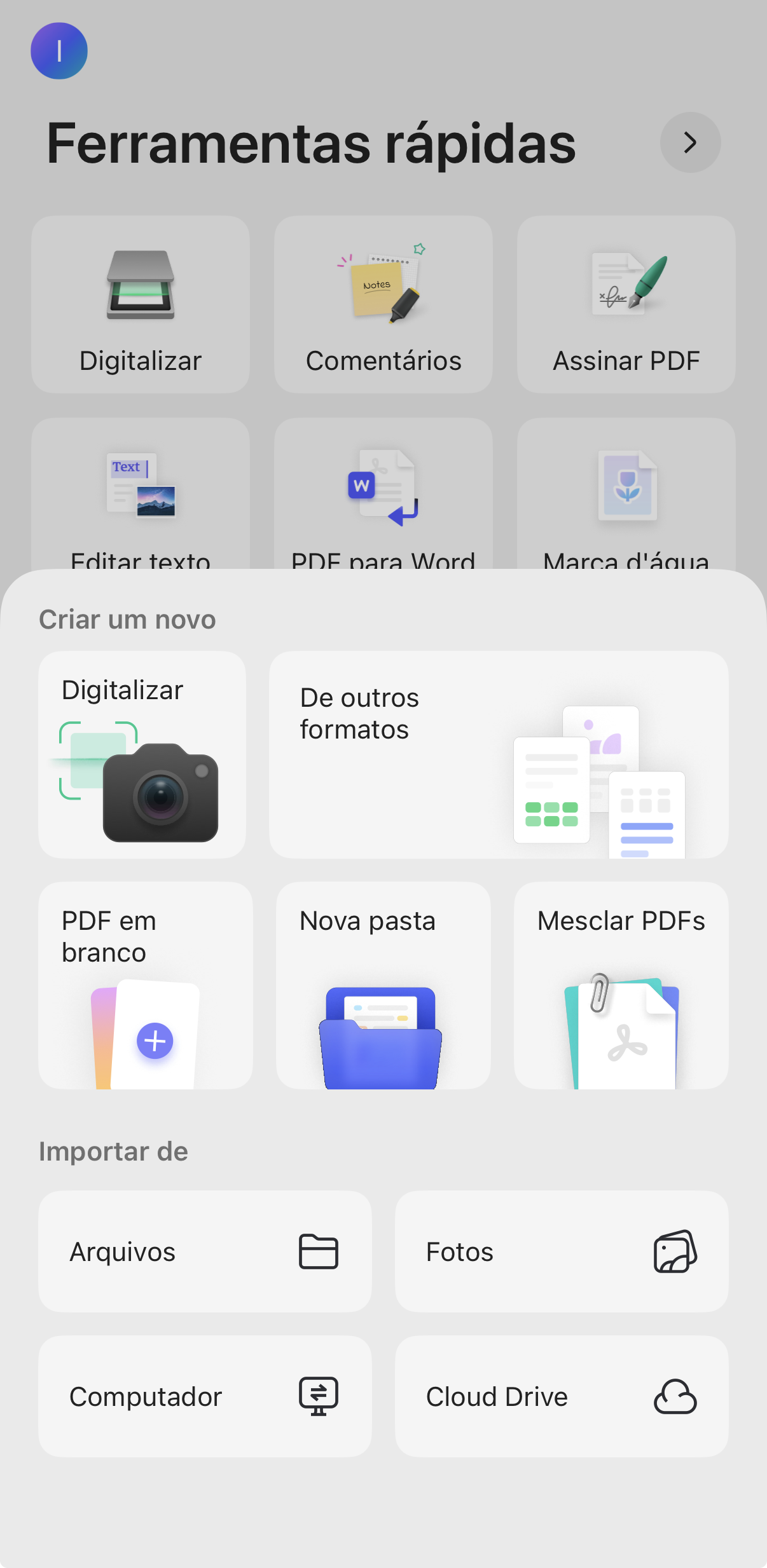 escolha criar ou importar um novo PDF