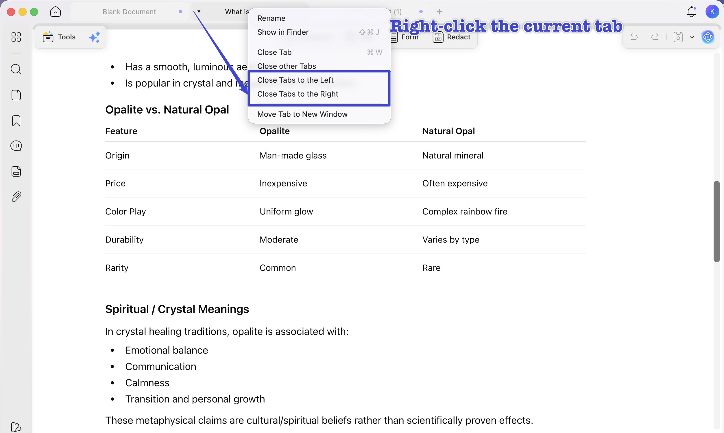 close tabs on the left or right