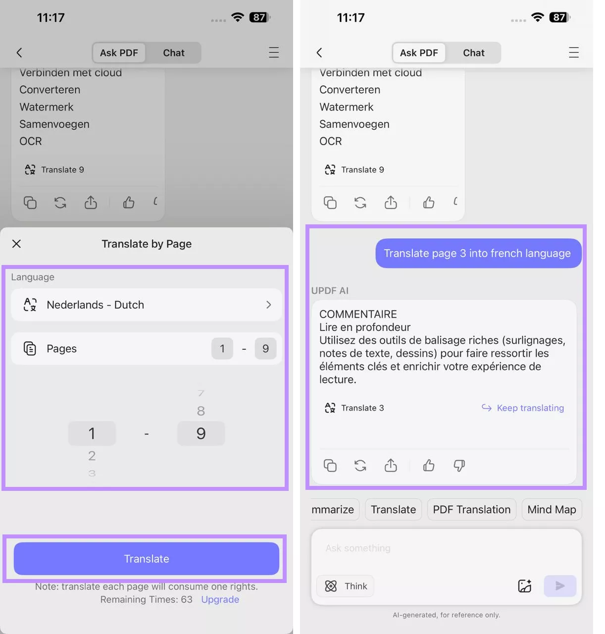 pdf translation in updf for ios