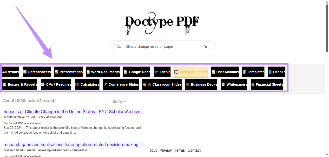 filter results by document type