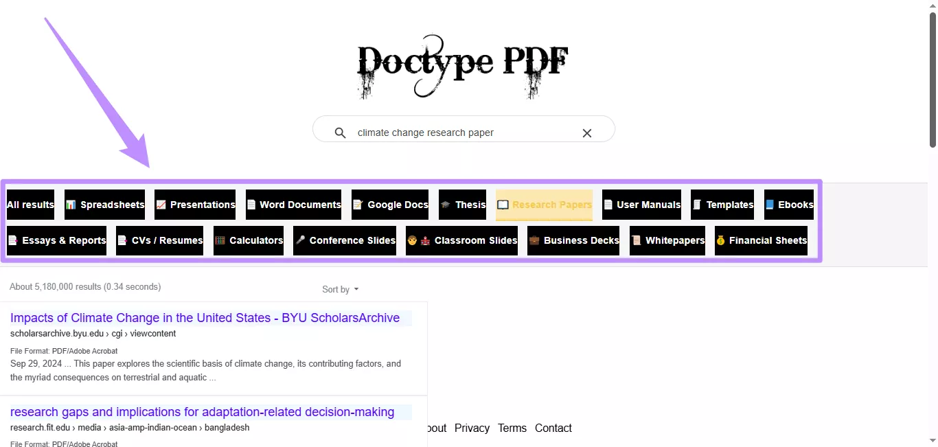  filter results by document type