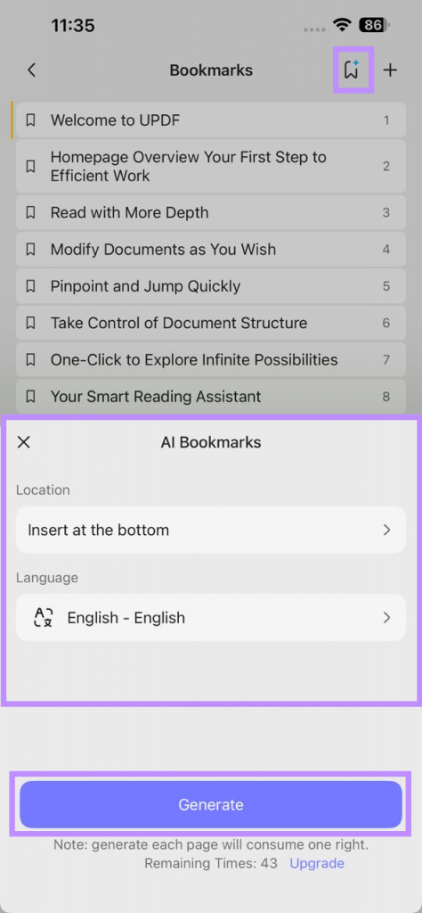ai bookmark generator in updf for ios