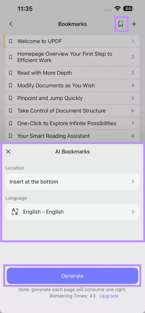 ai bookmark generator in updf for ios