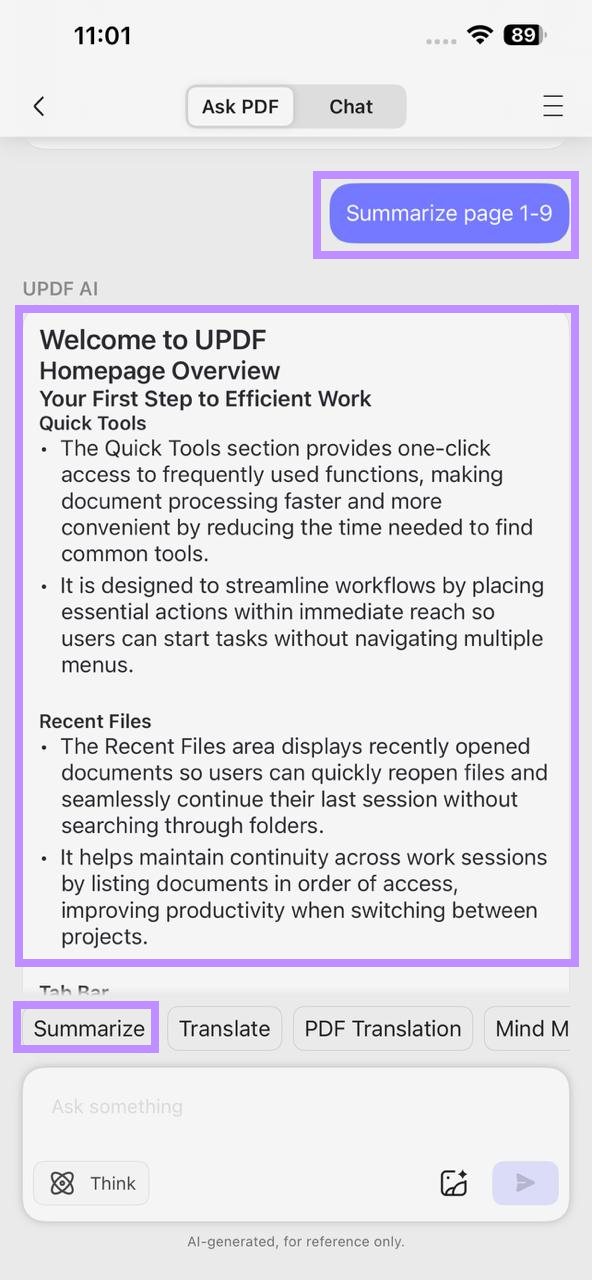 summarize pdf in updf for ios