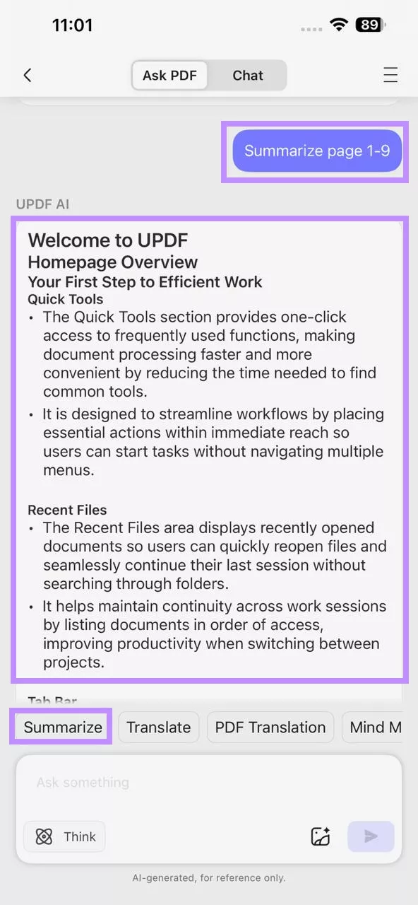  summarize pdf in updf for ios