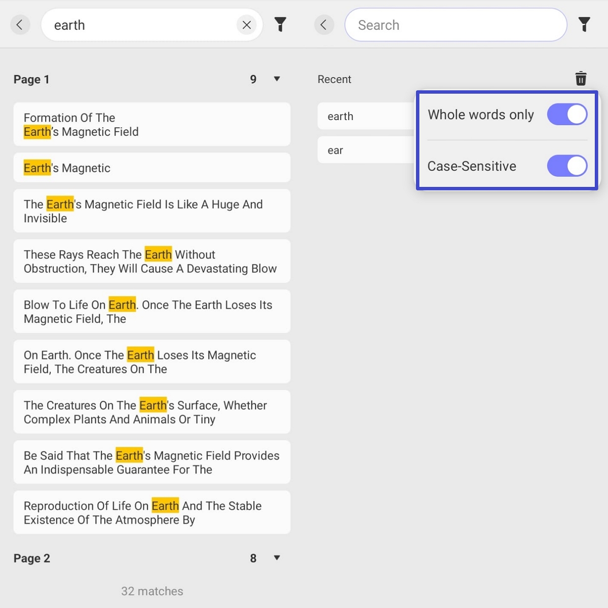 find text pdfs case sensitive mode