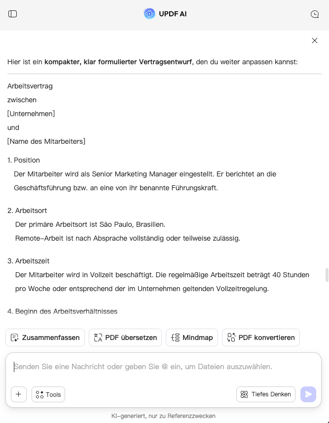 UPDF AI Arbeitsvertrags-Generator Schritte