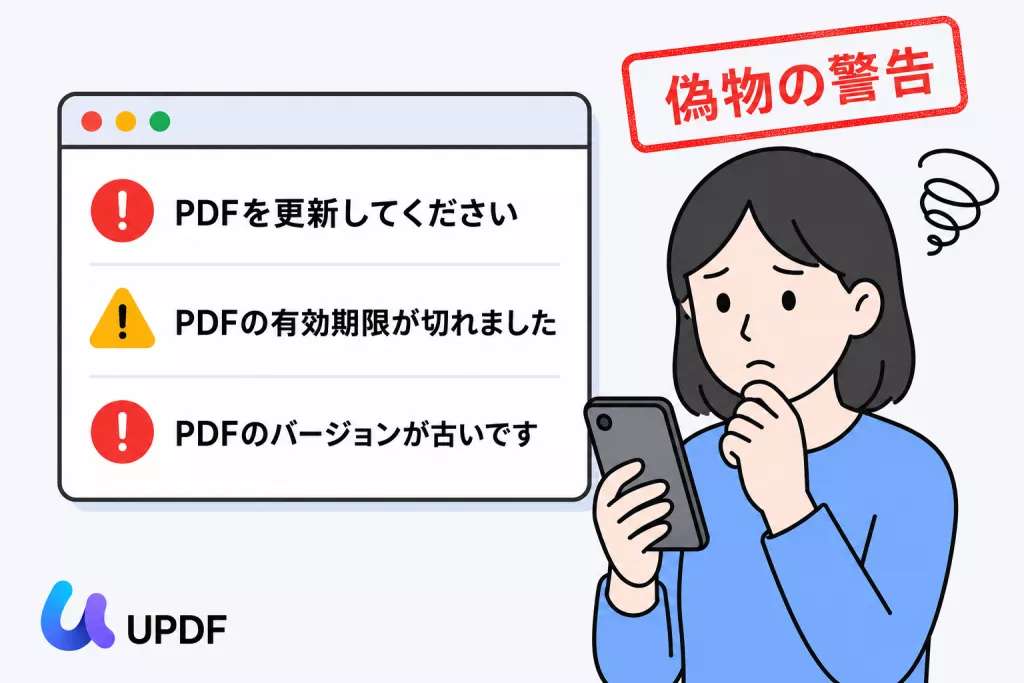 スマホで表示された偽のPDF更新警告を見て困惑するユーザーのイラスト