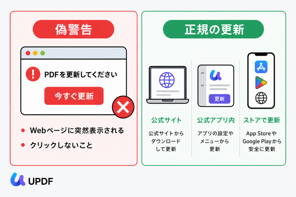 偽警告と正規のPDF更新通知を比較して、どちらが安全かを示す図