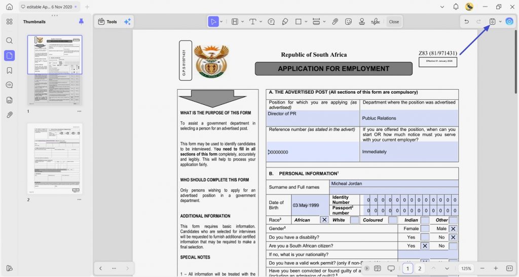 save final edited z83 form pdf