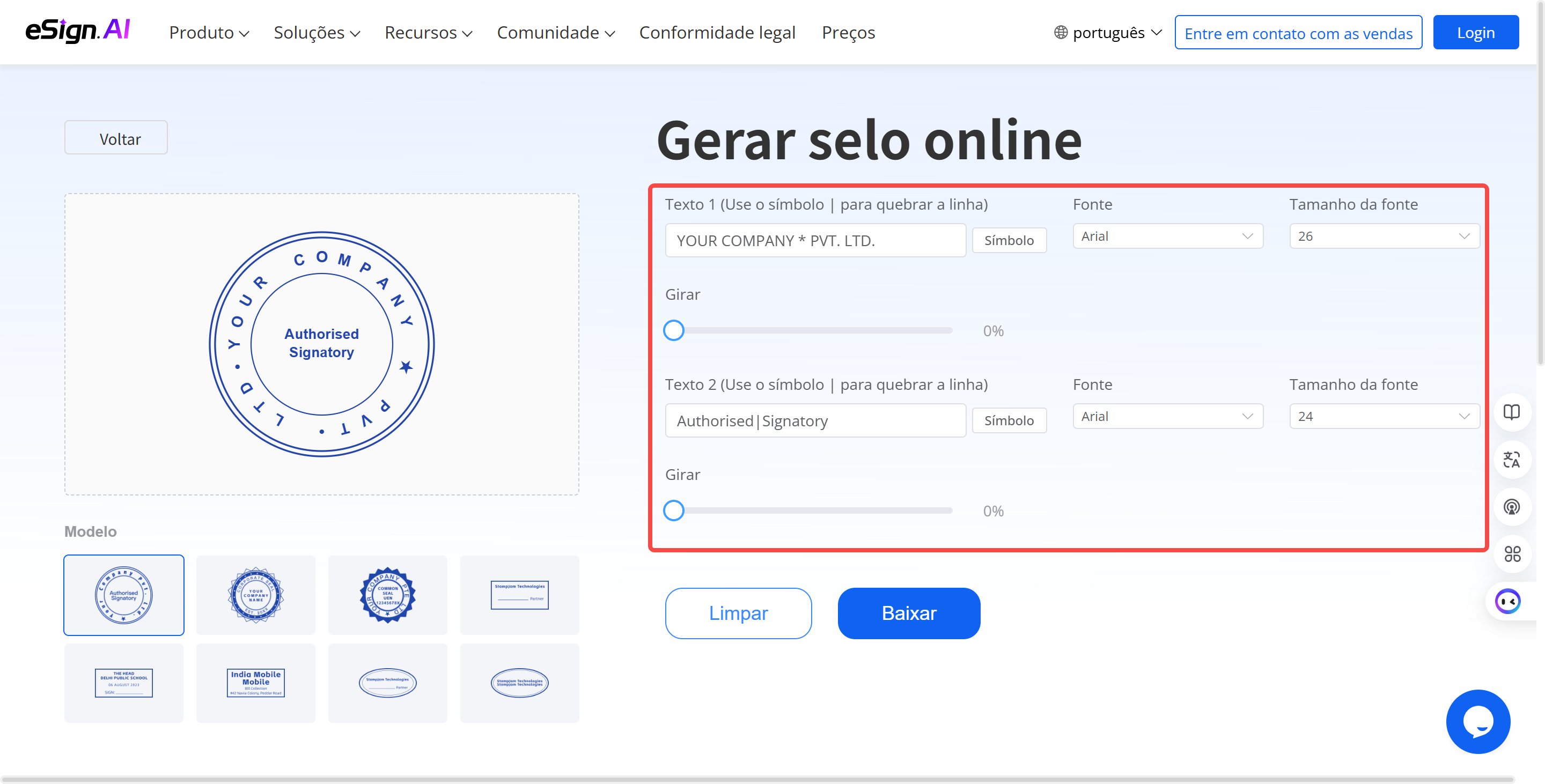 criação de carimbos usando modelos no eSign AI