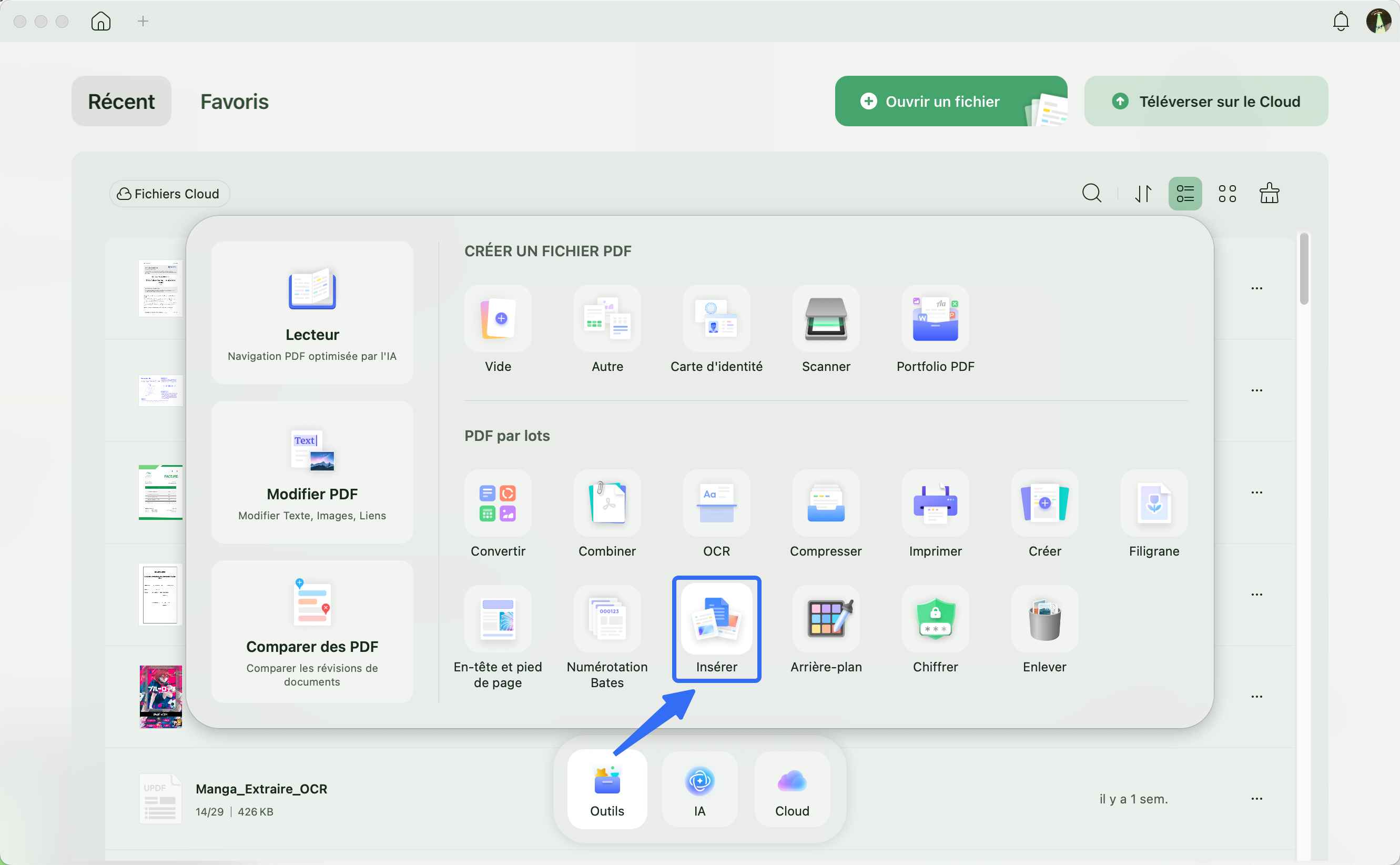 Choisissez l'option « Insérer » sous « Outils » dans UPDF pour Windows.