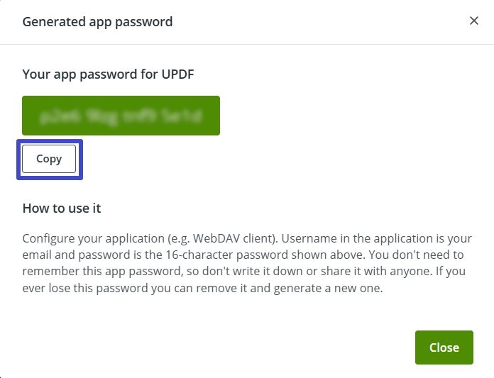 copy generated password future access