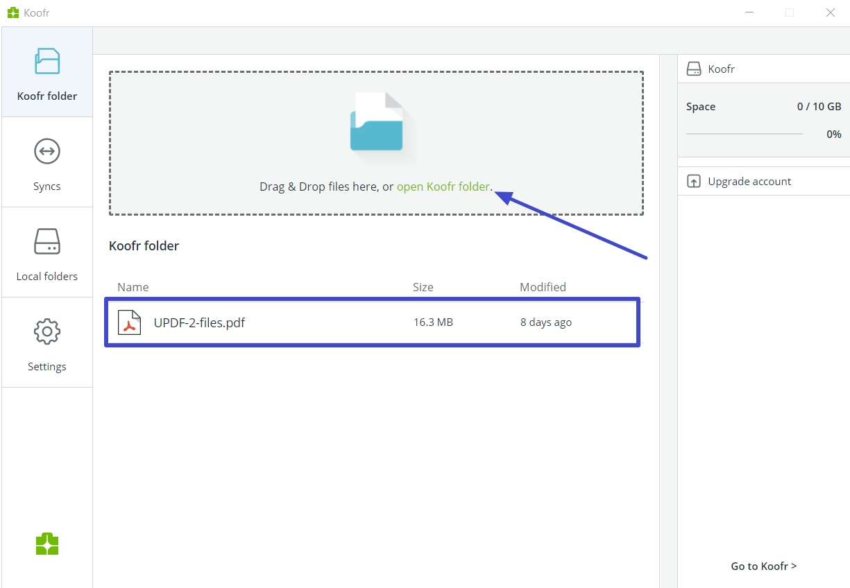 add pdf files folder koofr server