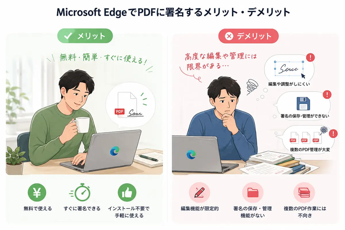 Microsoft EdgeでPDF署名のメリットとデメリットを表現したイラスト