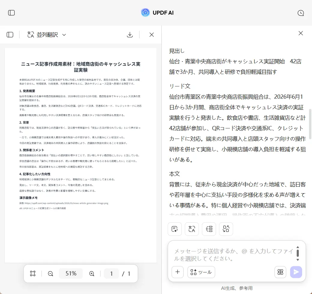 UPDF AIニュース記事生成ツールの操作画面