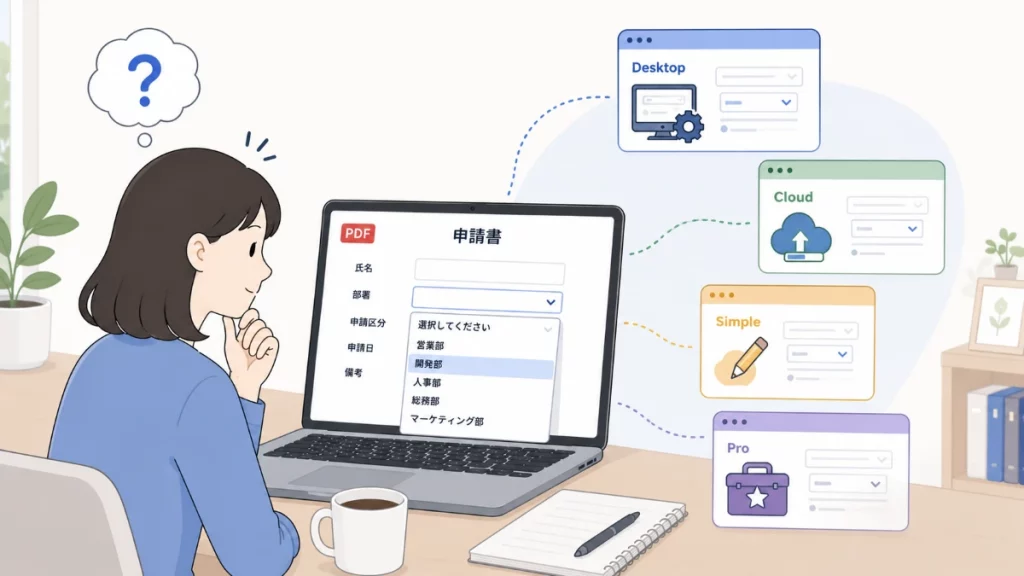 PDFフォーム編集ツールを比較しながら選んでいるイメージ