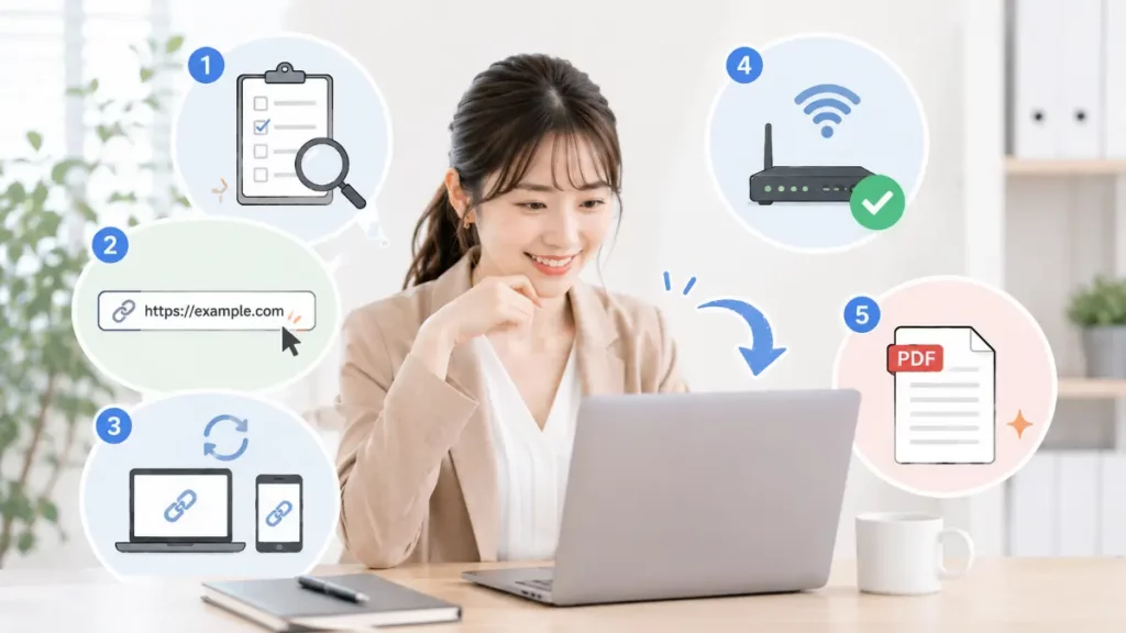 PDFリンクが開かない時の修正方法を表現したイメージ