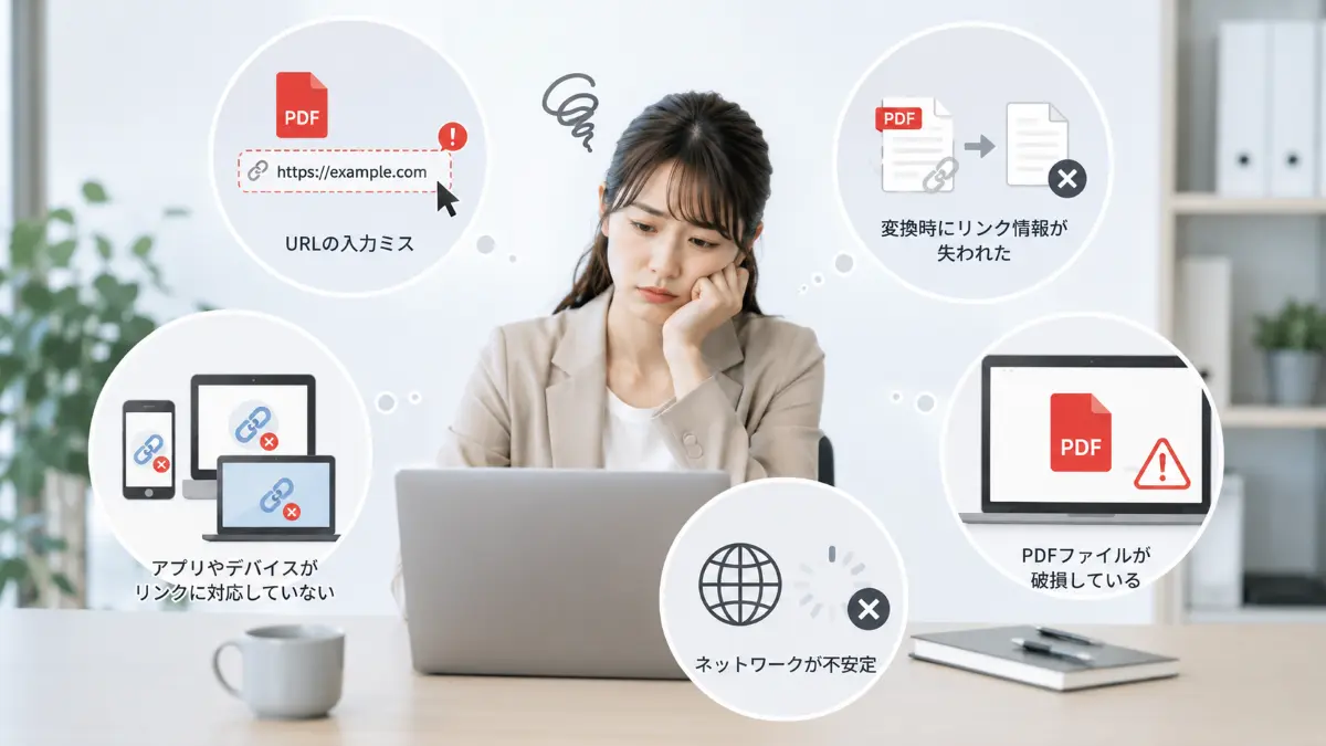 PDFリンクが開かない・飛ばない原因を説明するイメージ