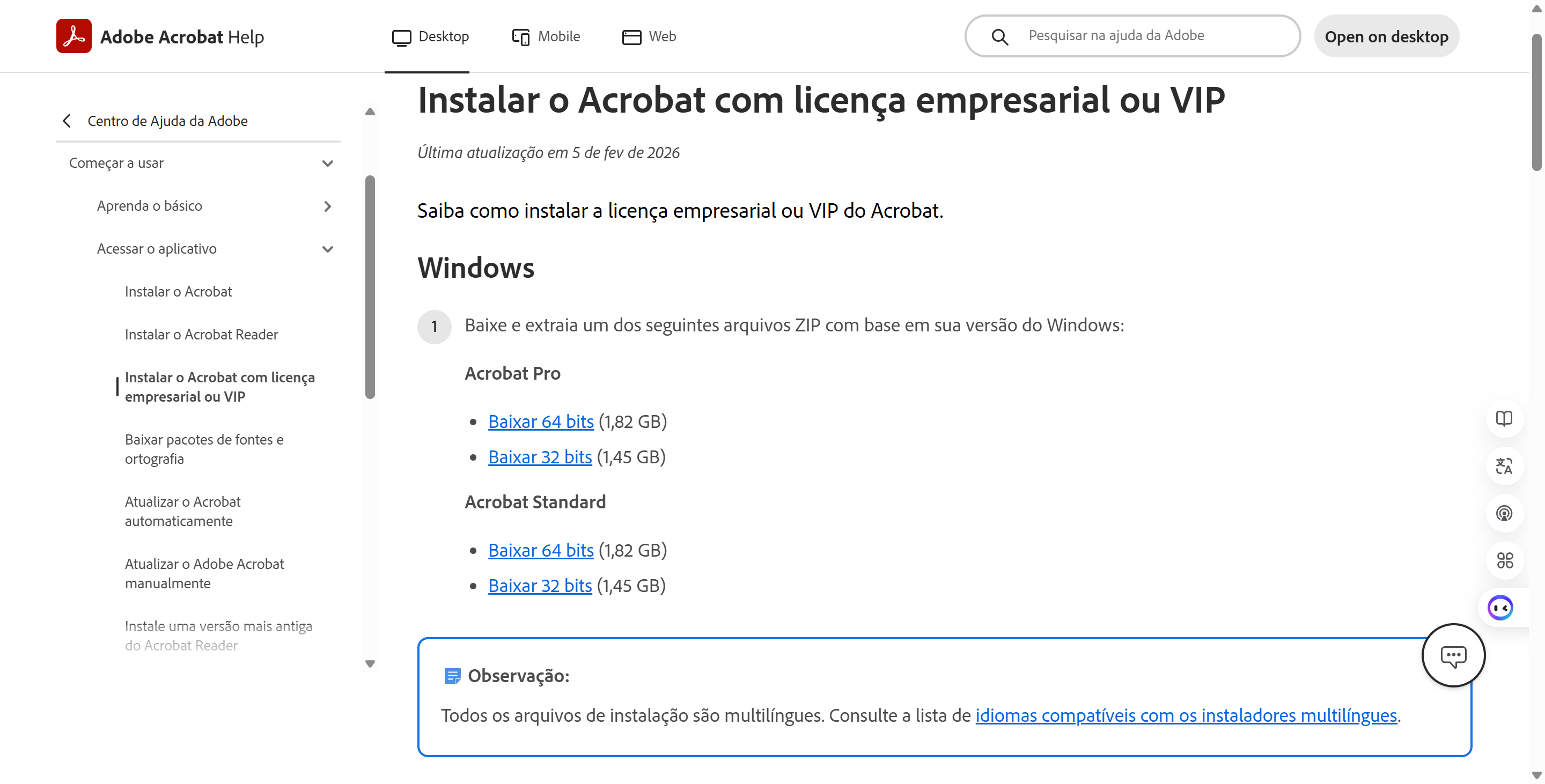 acesse o portal de licenciamento da Adobe e toque no instalador DC do Acrobat de 32 bits
