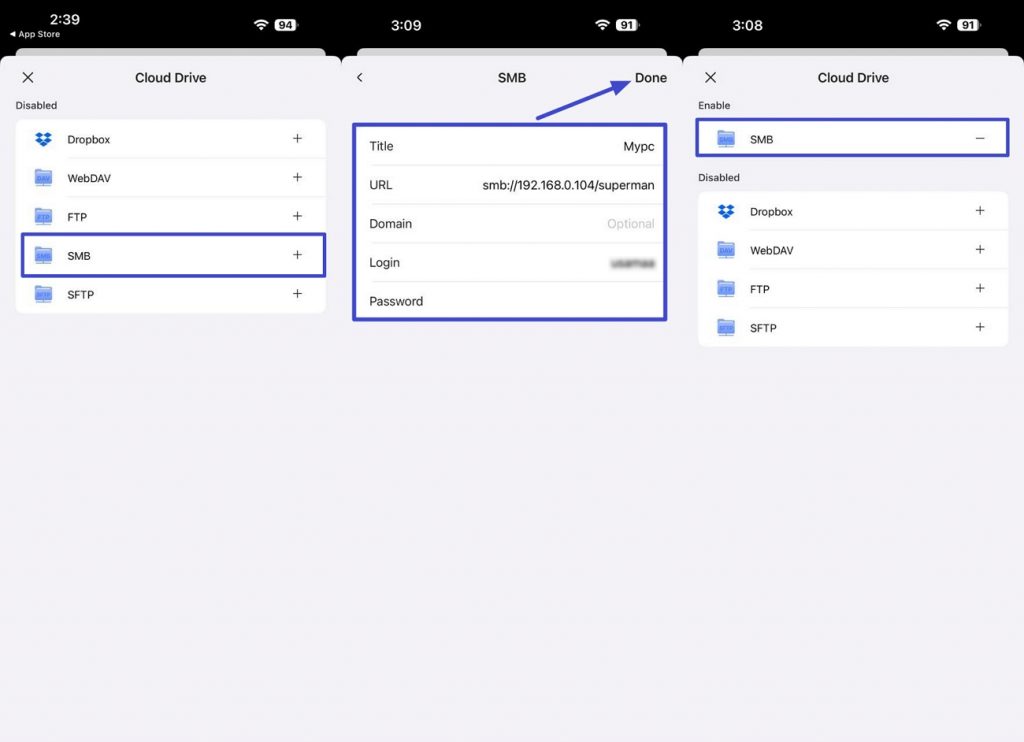 enter smb access details updf ios