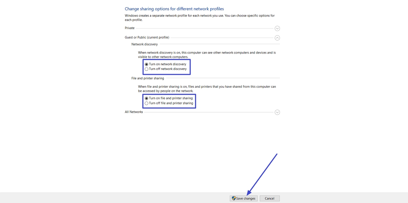 turn on network discovery settings windows
