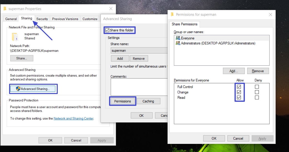 windows enable advanced folder sharing