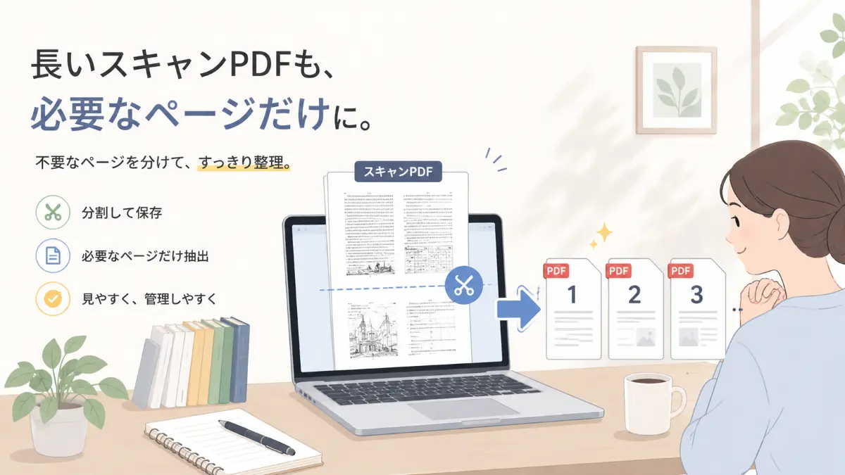 長いスキャンPDFを必要なページごとに整理しているイメージ