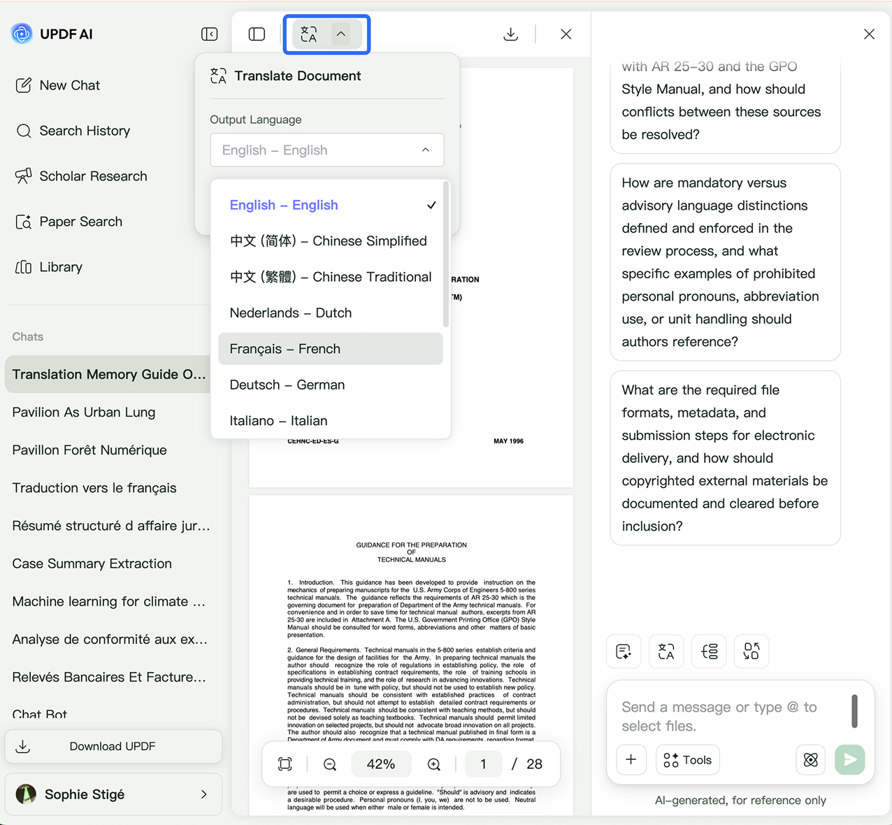translate technical manuals with updf ai