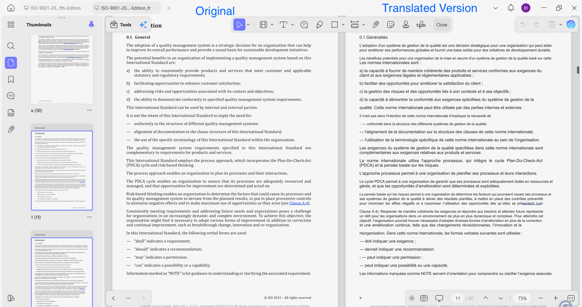 side-by-side translation