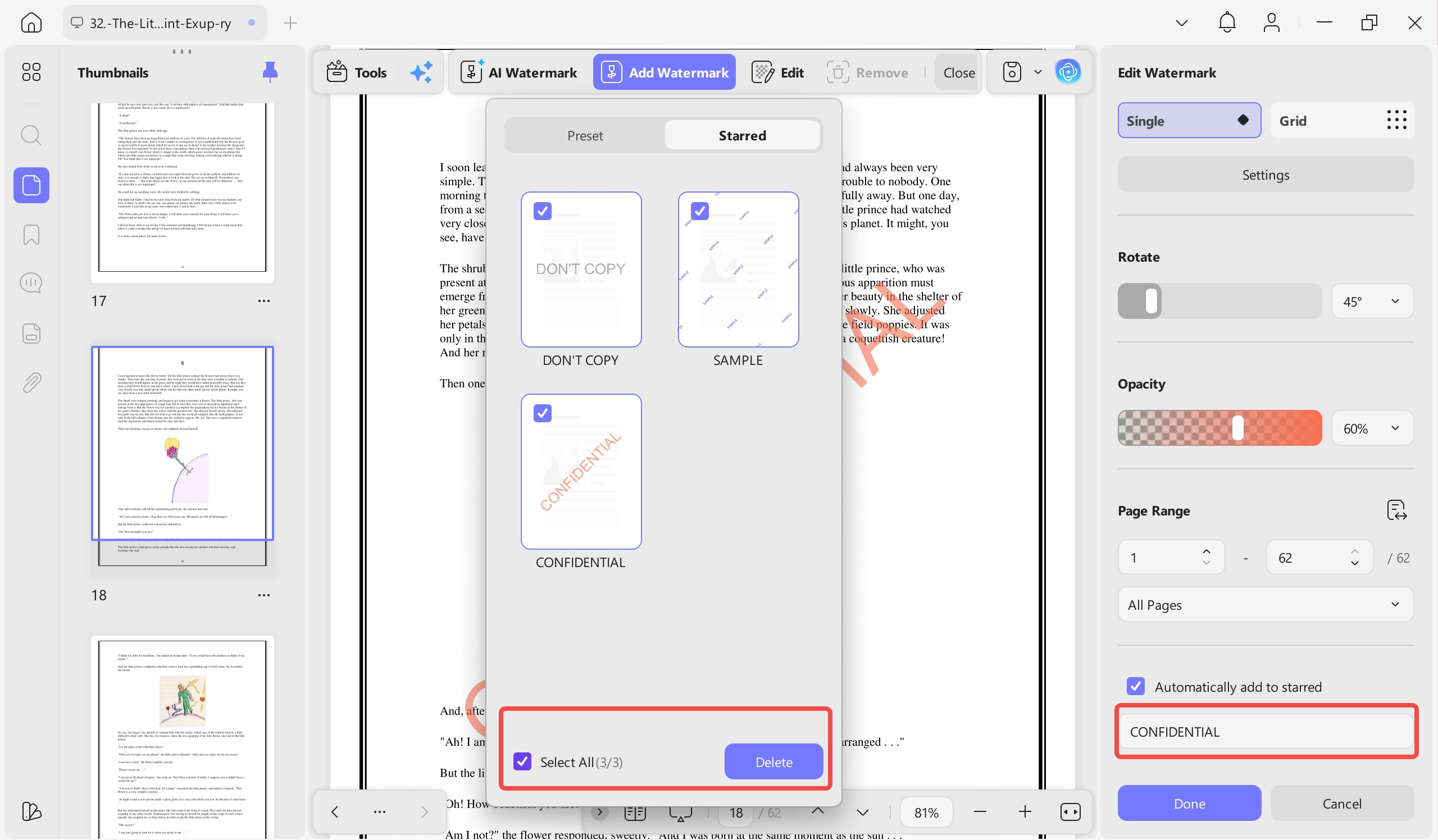 batch select and delete starred watermarks in pdf