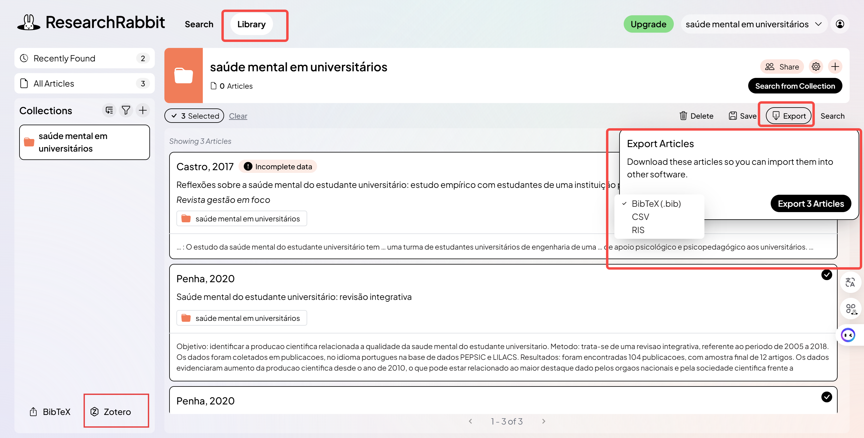 O ResearchRabbit também oferece integração com Zotero