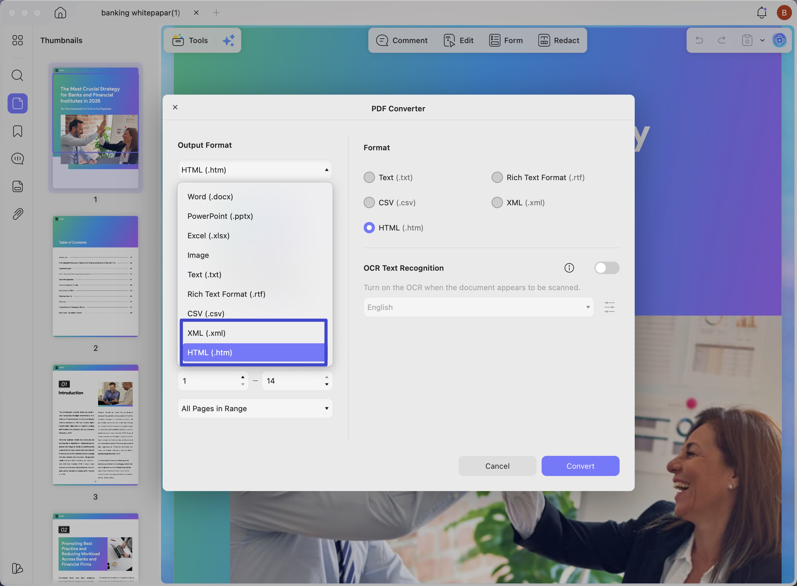 convert pdf to html and xml
