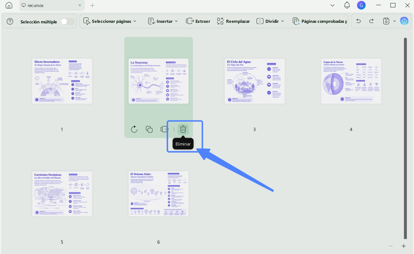 eliminar una página en pdf con el botón de eliminar