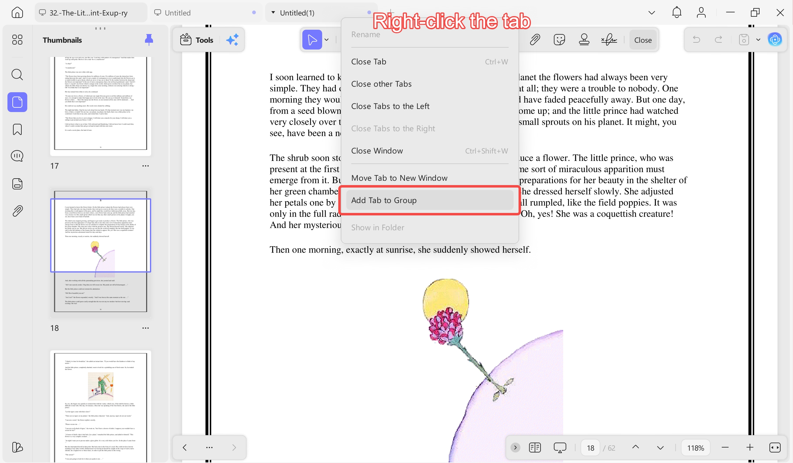 right click pdf tab to add it to a tab group