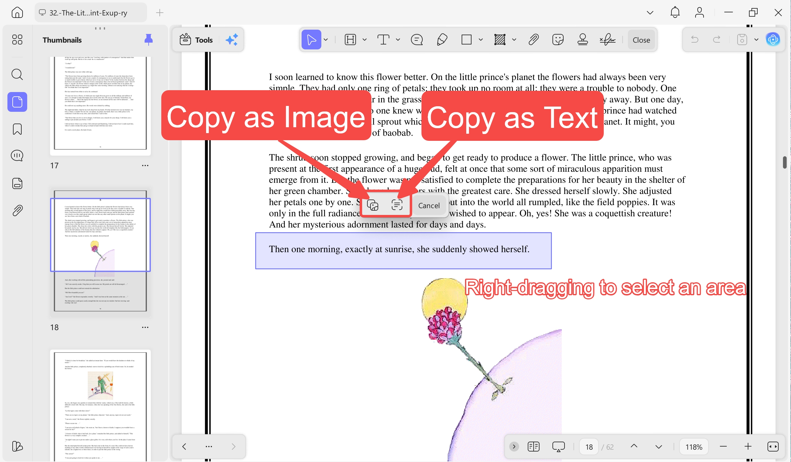 right-drag to select pdf area and copy as image or text