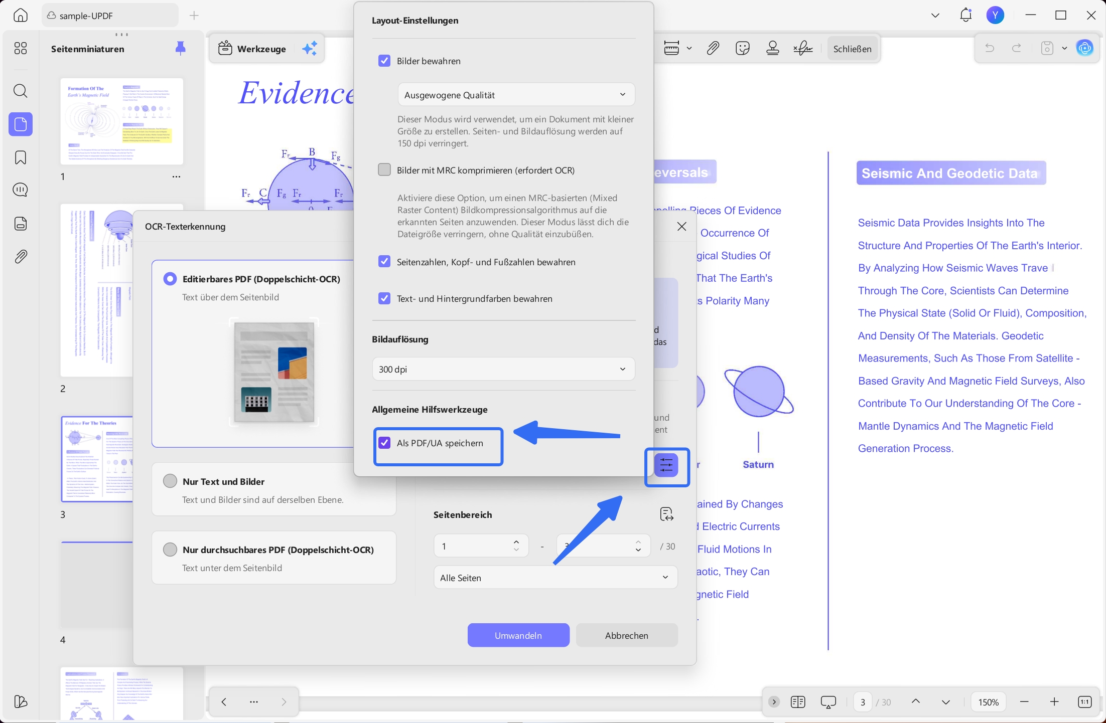 select save as pdf ua option in pdf ocr layout settings