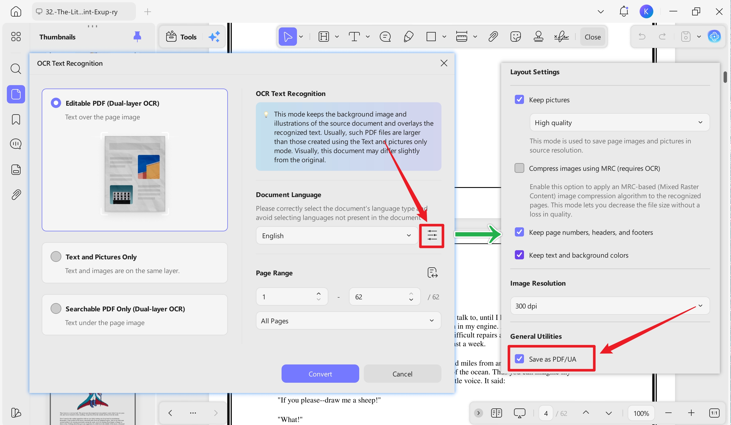 select save as pdf ua option in pdf ocr layout settings