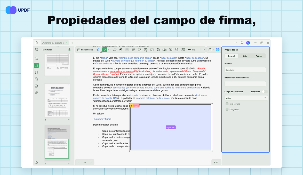 propiedades del campo de firma para ajustar el formato de campo de firma