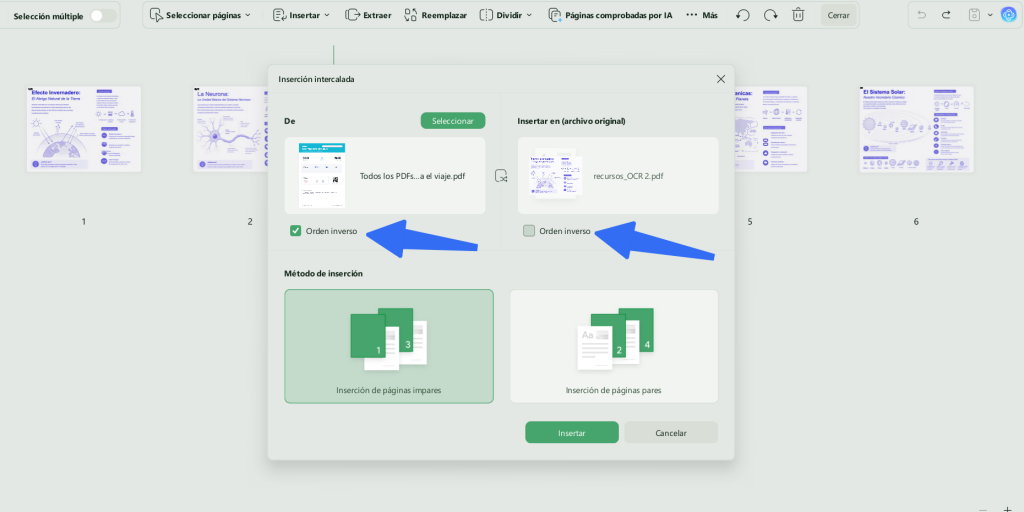 unir páginas pares e impares de dos PDF escaneados