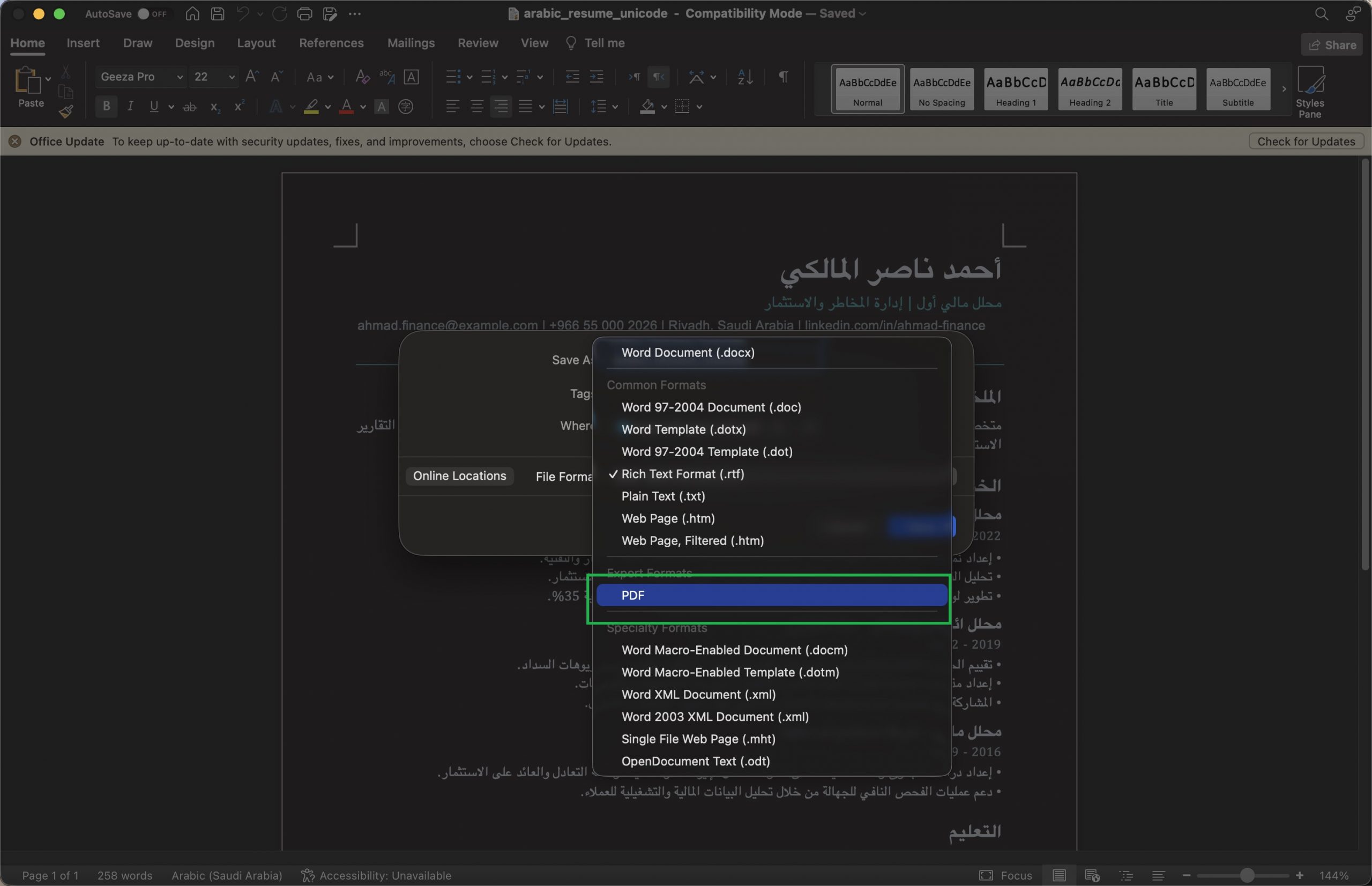 تحويل RTF إلى PDF باستخدام Microsoft Word