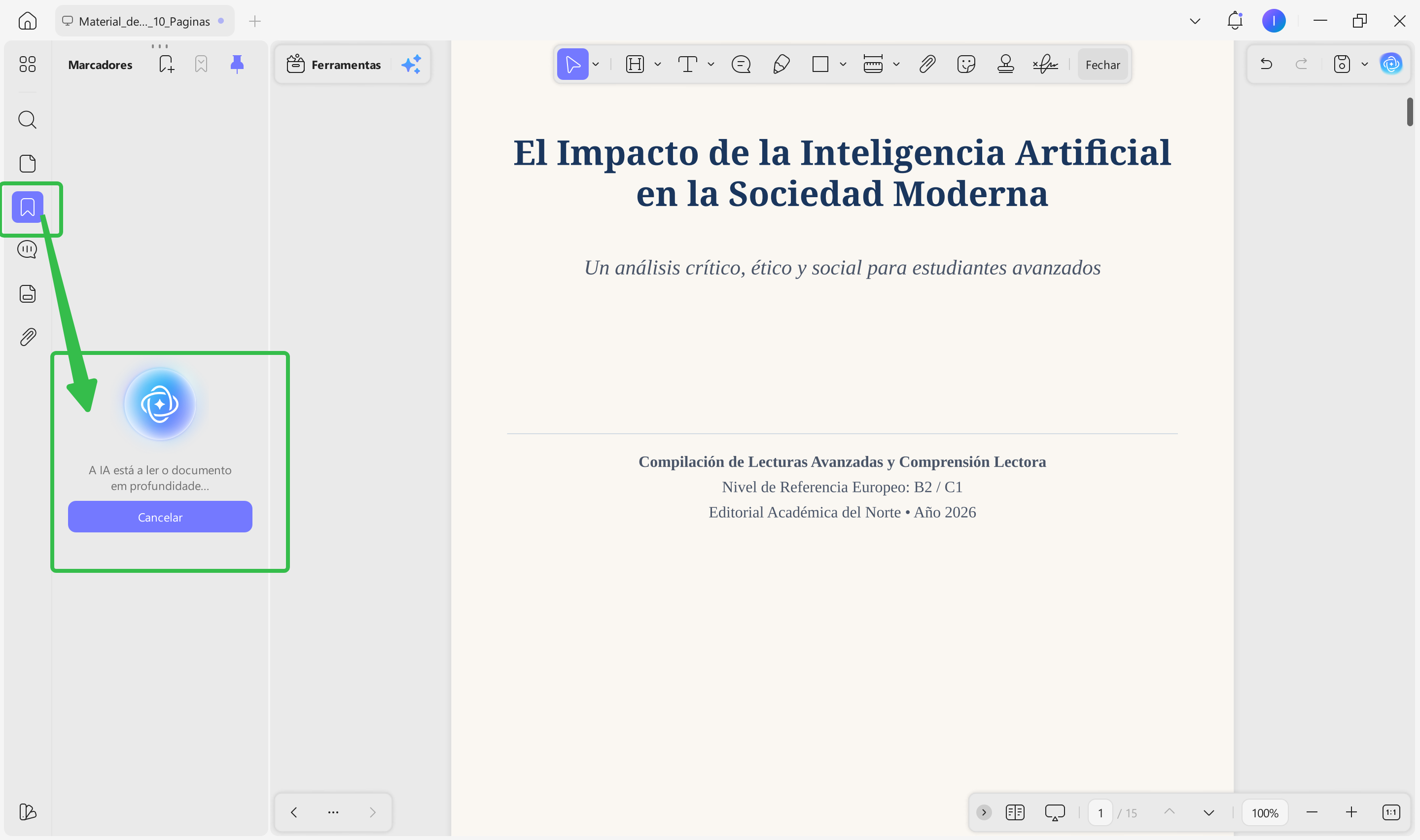 Pode usar os marcadores para localizar capítulos específicos e resumir cada parte separadamente.